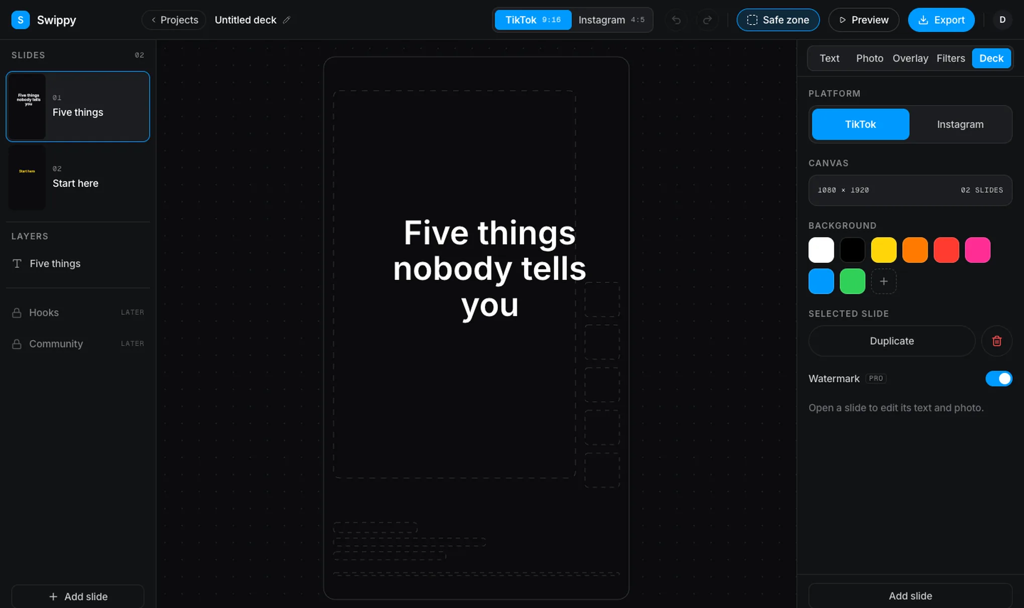 The Swippy editor with a slide open